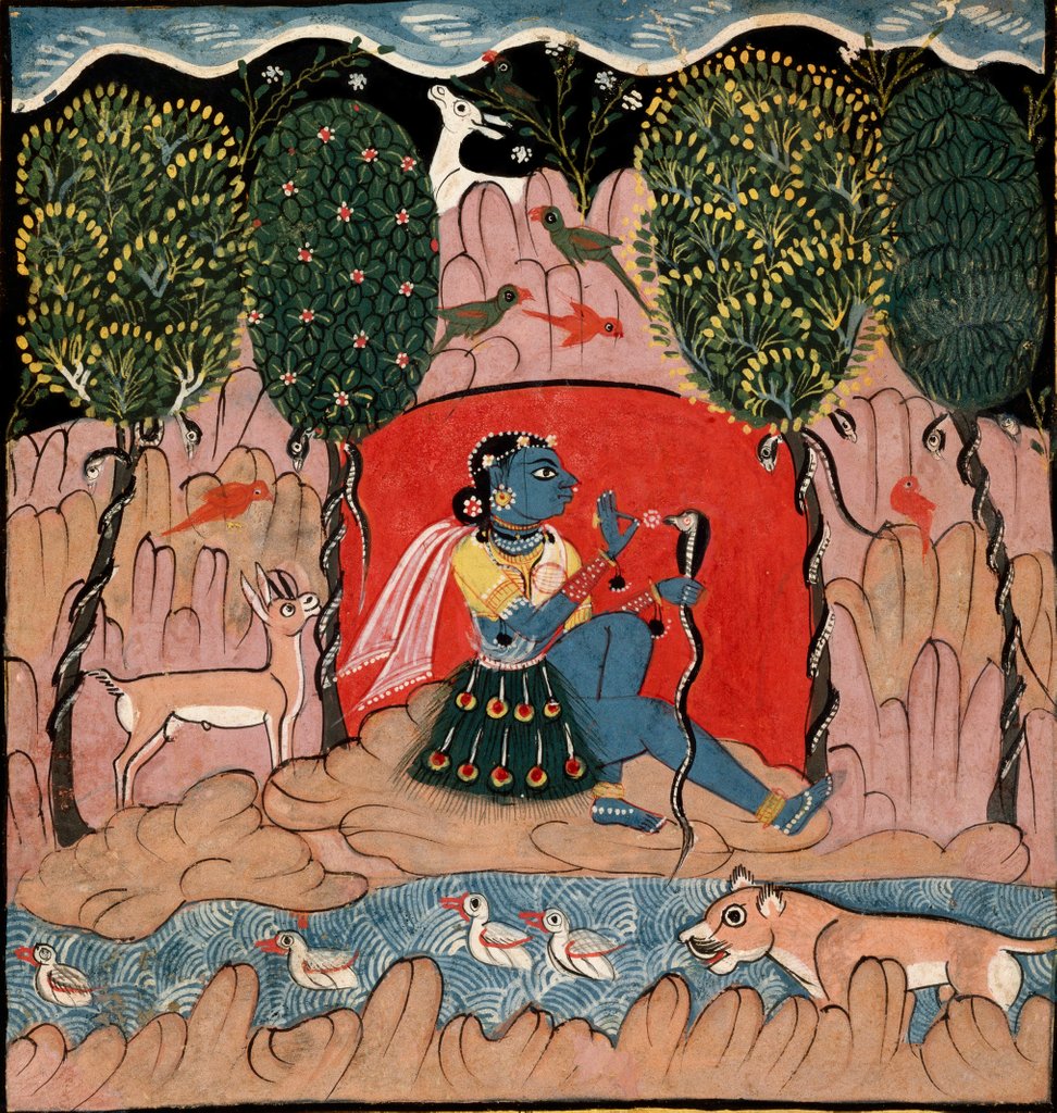 Detail of A Lady Charms snakes in a rocky landscape by Nasiruddin