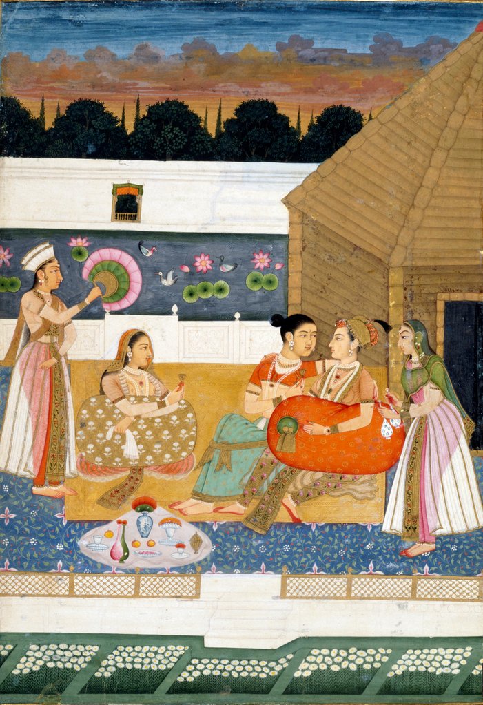 Detail of Ladies on a lake-side terrace at sunset. India, 18th century by Unknown