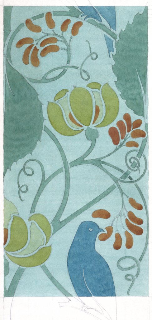 Detail of Blue bird with scrolling foliage and flowers by C.F.A. Voysey