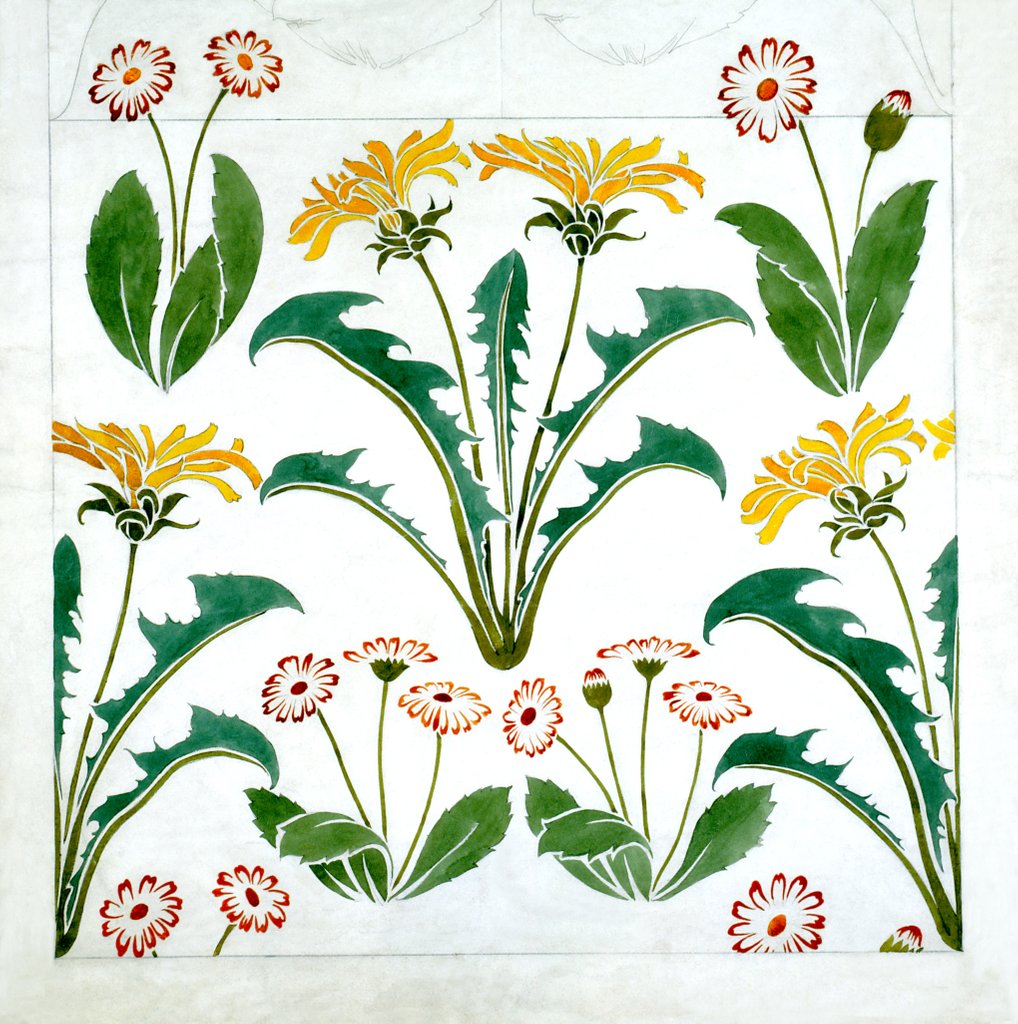 Detail of The Furrow wallpaper design with red edged daisies and yellow dandelion by Charles Francis Annesley Voysey