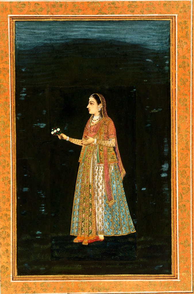 Detail of A lady holding a bunch of flowers by Unknown