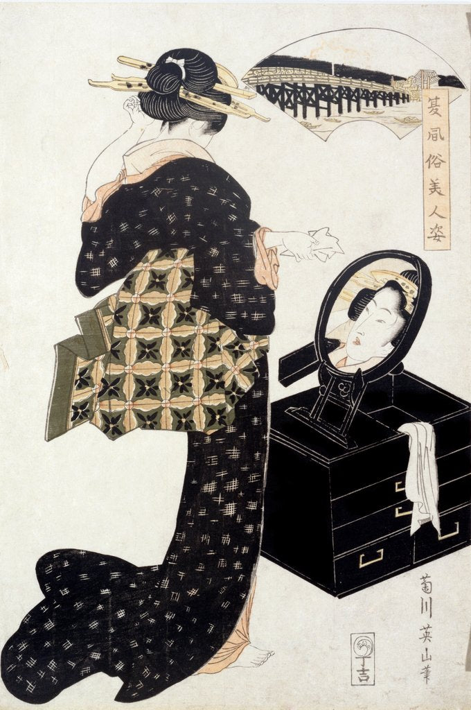 Detail of A geisha standing in front of dressing mirror. Yeizan, Japan, 1815 by Eisan