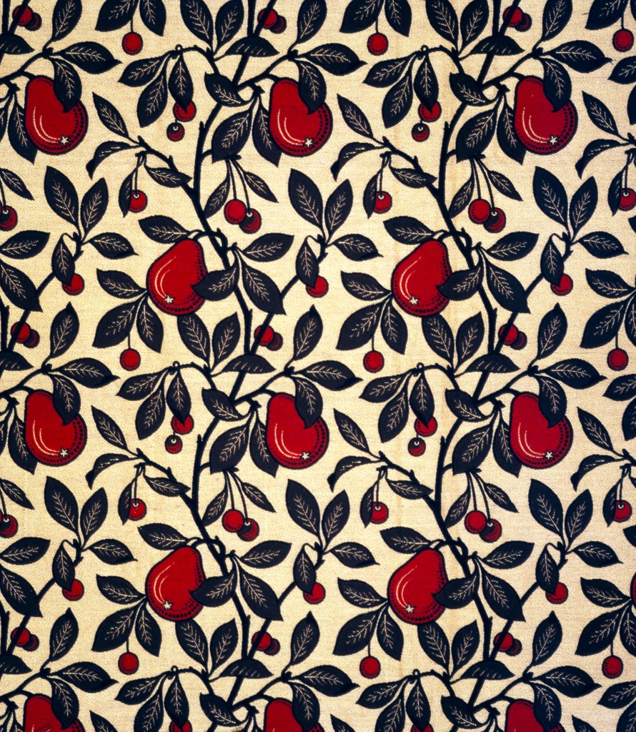 Detail of Pears and Cherries furnishing fabric by Bruce James Talbert