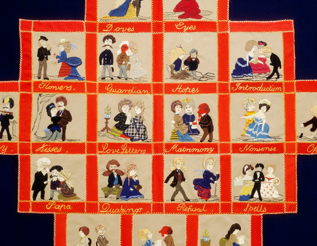 Detail of Quilt depicting a love story by Anonymous