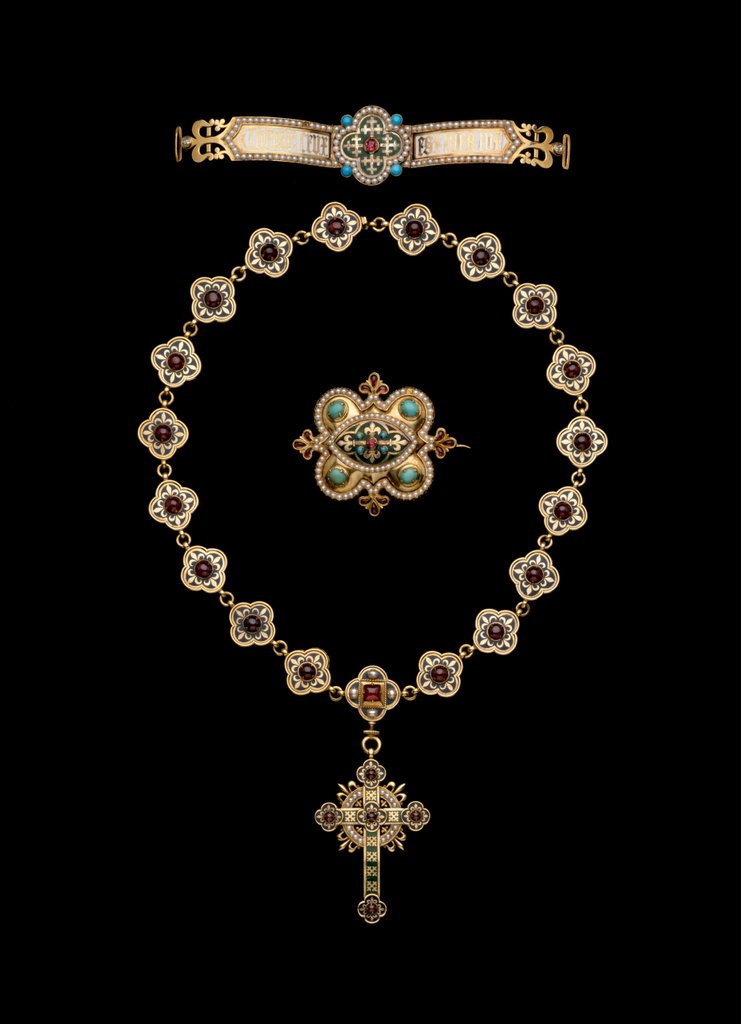 Detail of Headband, brooch and necklace with pendant cross by Augustus Welby Northmore Pugin