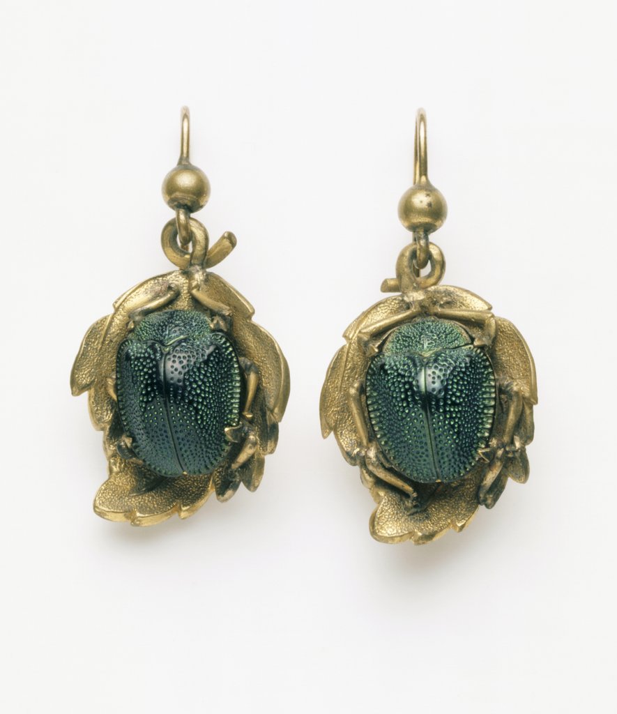 Detail of Earrings set with irridescent South American beetles by Unknown
