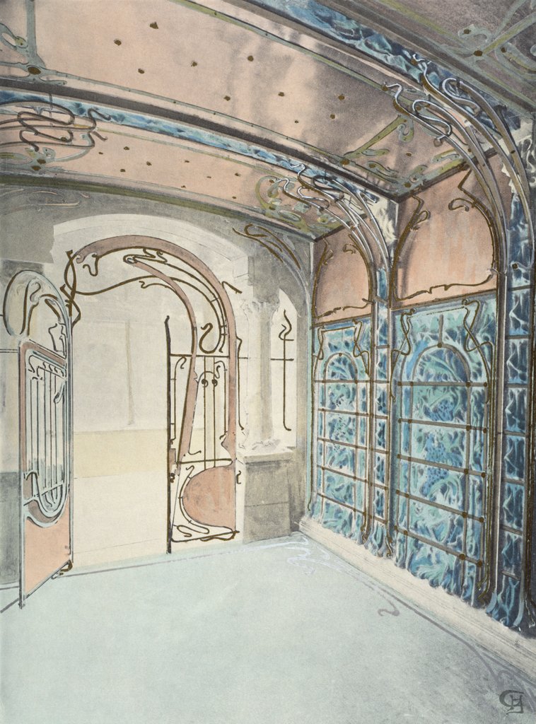Detail of Main entrance showing panelled ceiling and tiled wall by Hector Guimard