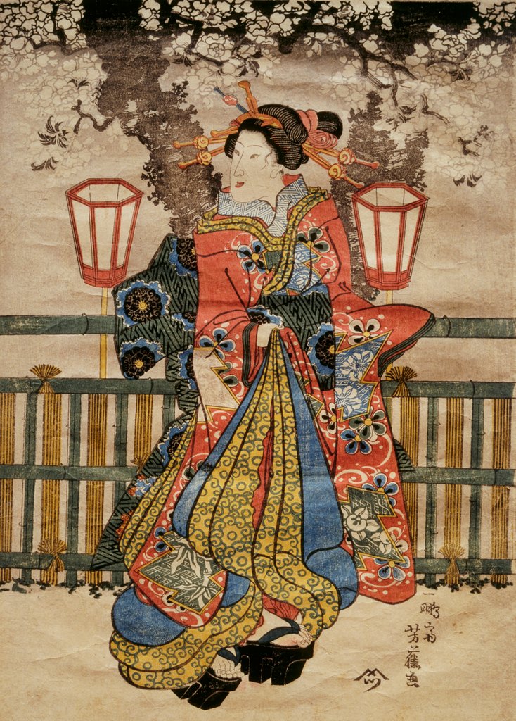 Detail of A Younger Courtesan Under Cherry Blossoms at Night in Yoshiwaram by Utagawa Yoshifuji