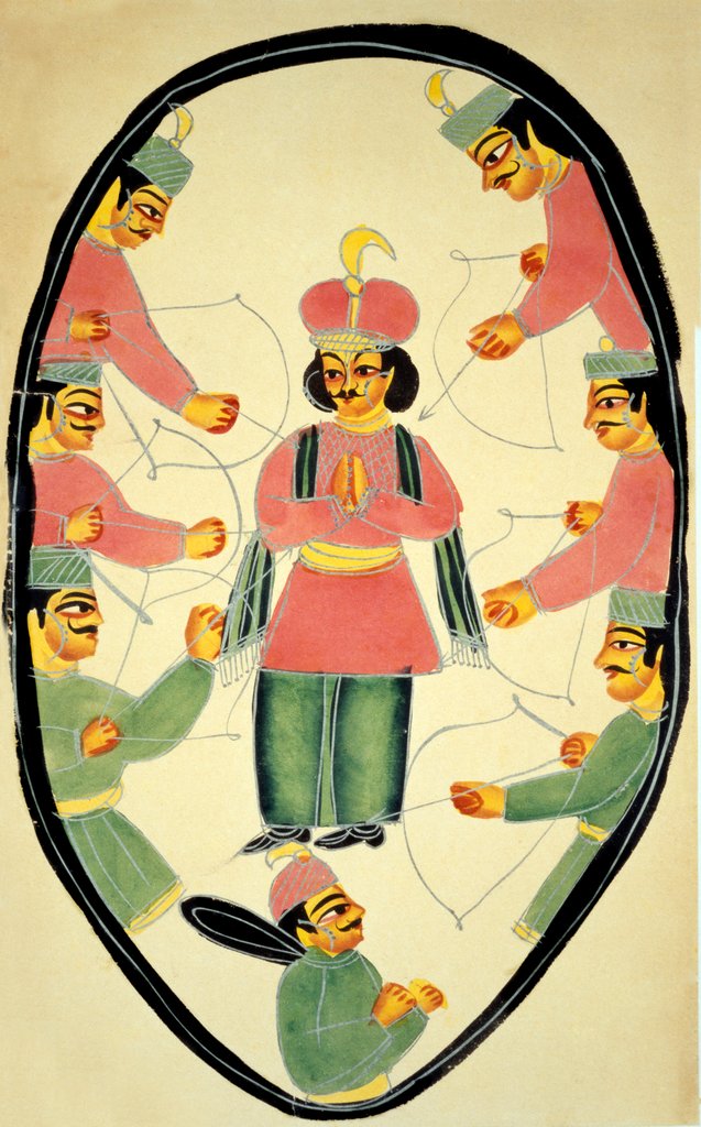 Detail of Archers shooting at a standing Hero. Kalighat, India, 19th century by Unknown