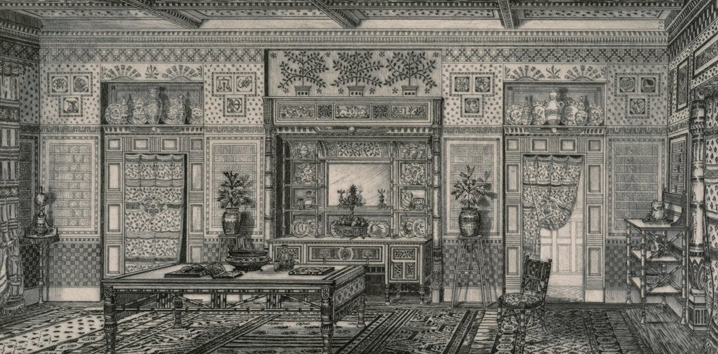 Detail of Interior with chiffonier and table by Anonymous