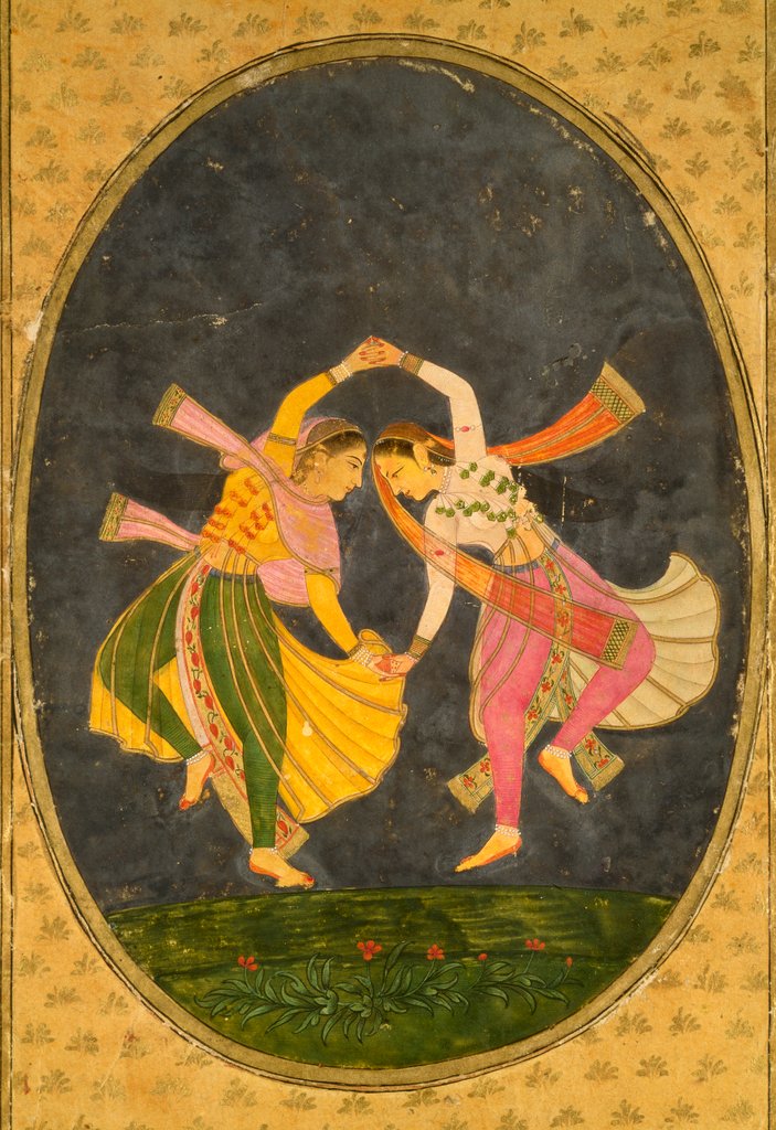Detail of A pair of girls joining hands and performing a Kathak Dance. India, late 17th century by Unknown