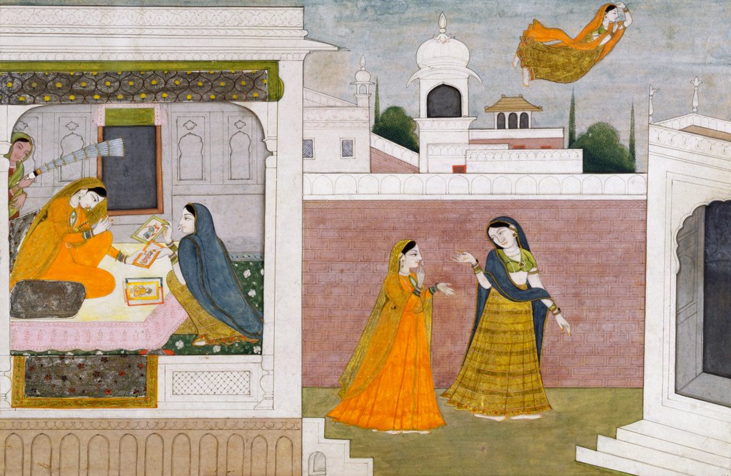 Detail of Usha looking at portraits. Kangra, India, early 19th century by Unknown