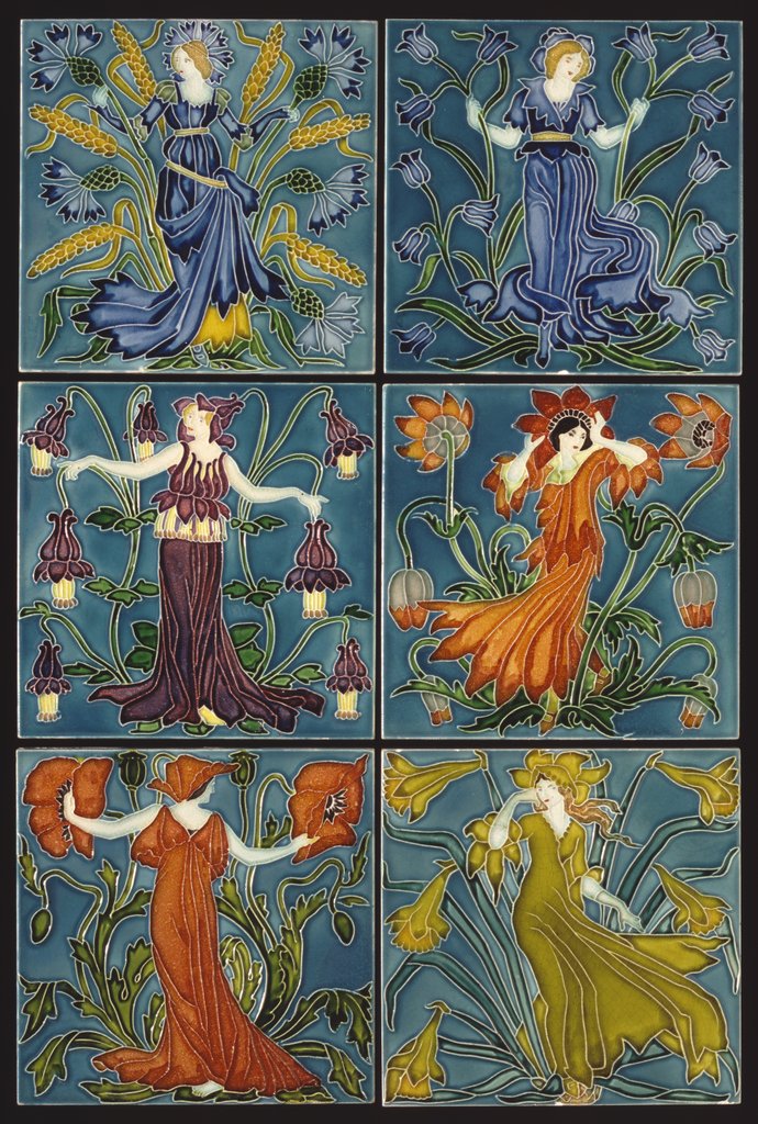 Detail of Six tiles depicting Flora's Train by Walter Crane