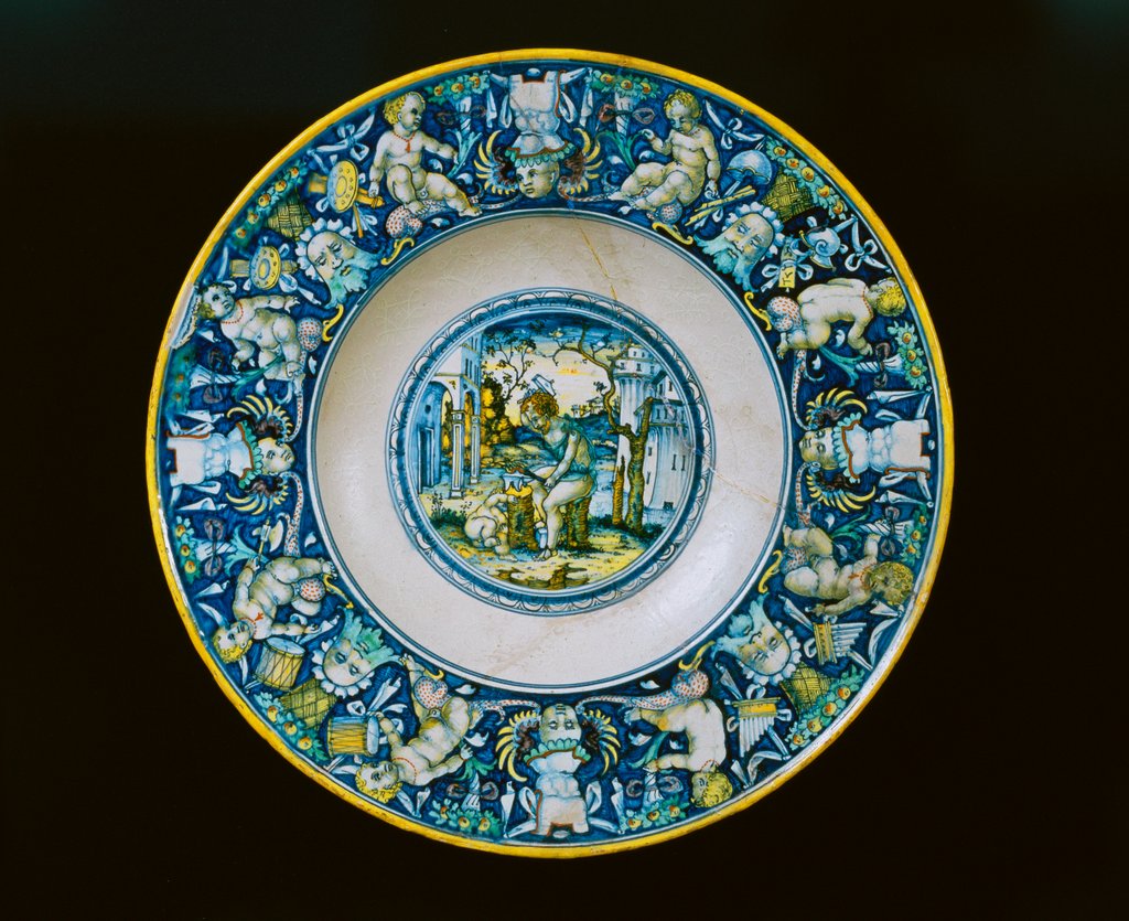Detail of Dish depicting Vulcan forging a wing to Cupid. Florence, Italy, early 16th century by Unknown