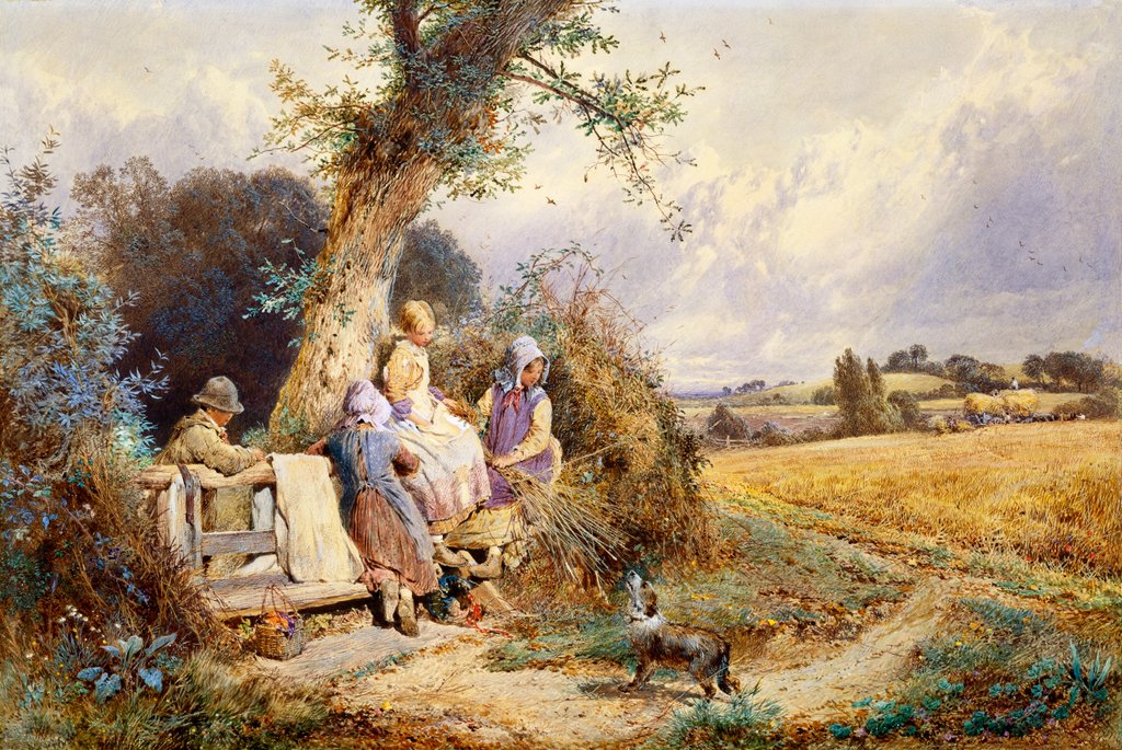 Detail of Young Gleaners Resting by a Stile by Miles Birket Foster