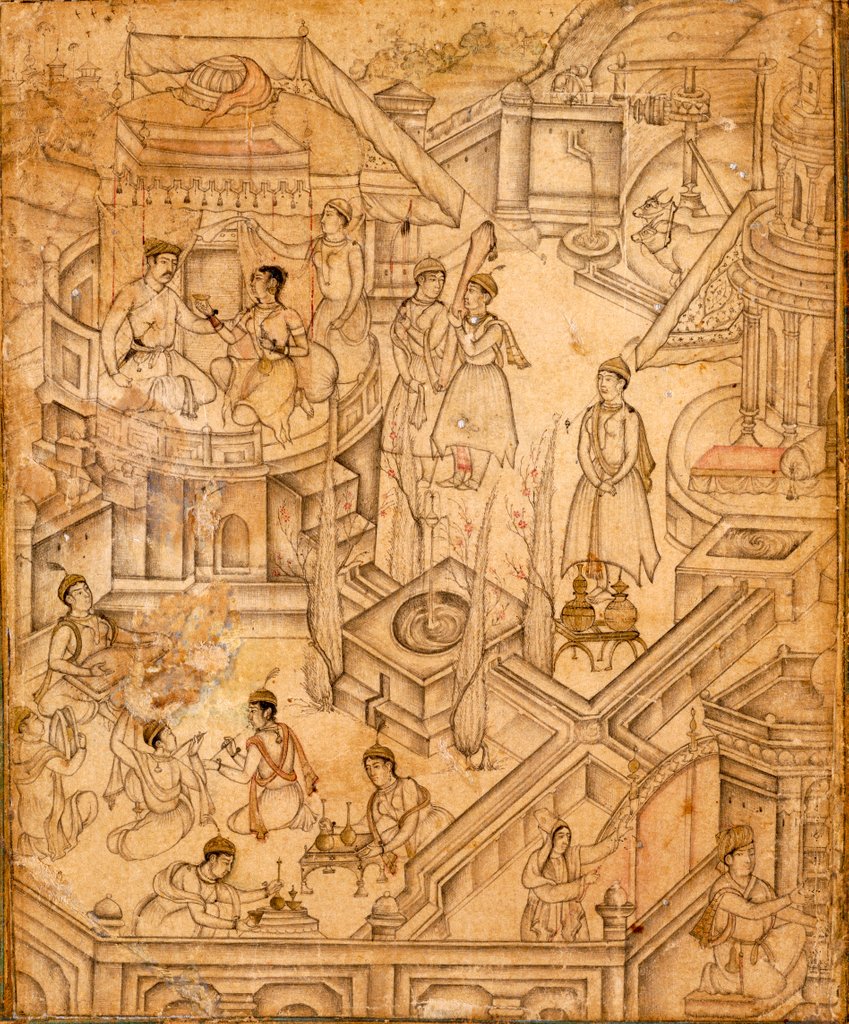 Detail of Scene in a garden pavillion by Unknown