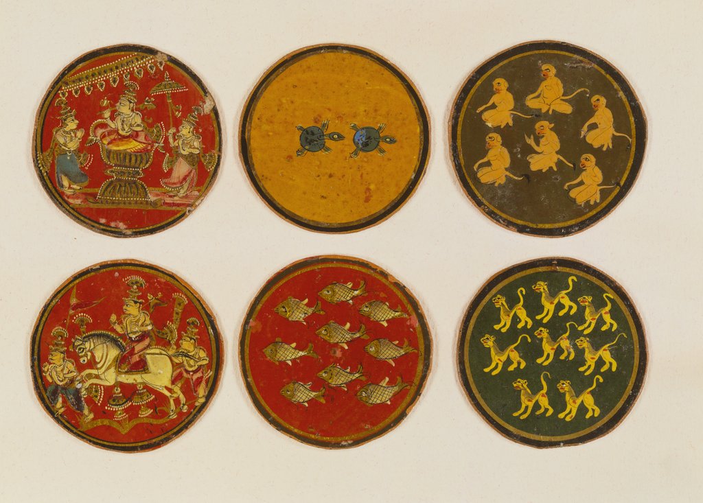 Detail of Six playing cards from a set of 121. Kurnaul, India, 19th century by Unknown