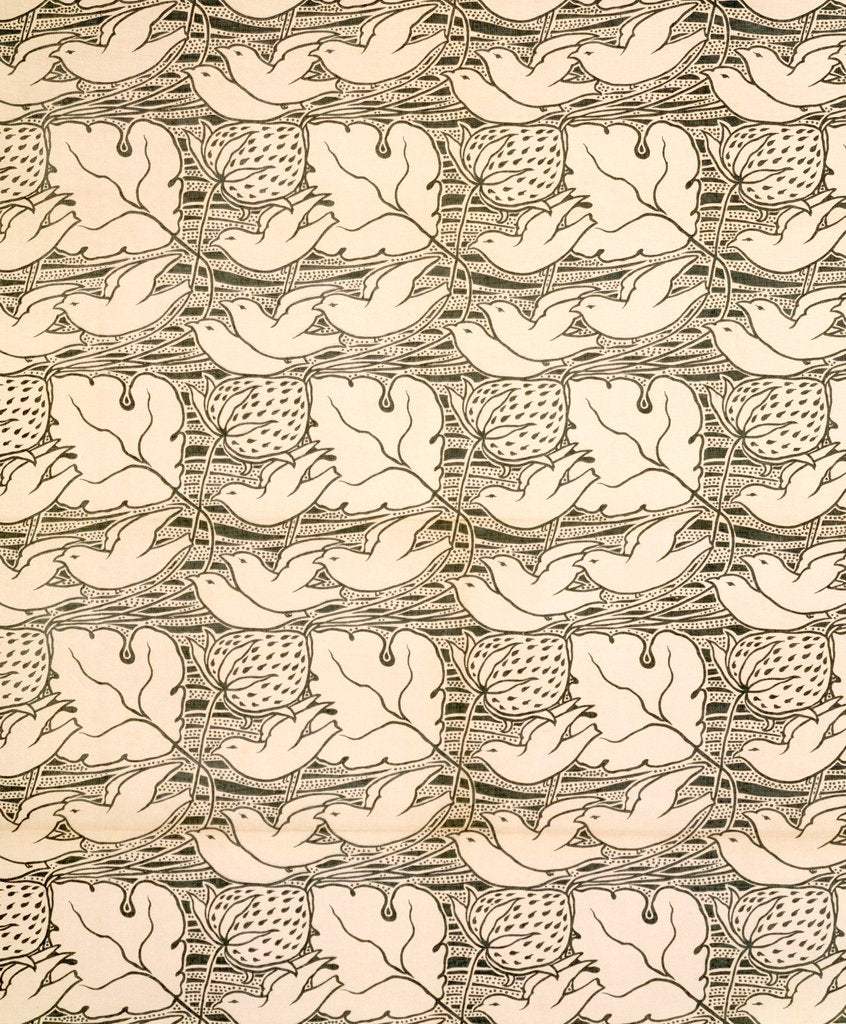 Detail of Strawberries and birds furnishing fabric by Charles Francis Annesley Voysey
