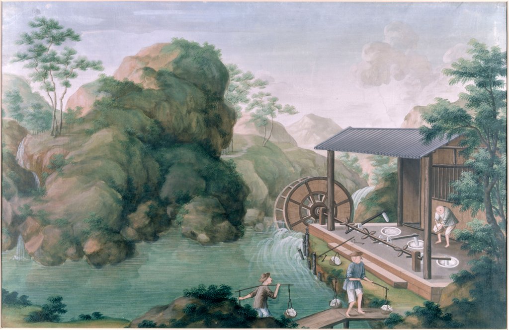 Detail of Men breaking china stone with water-powered trip hammers by Unknown
