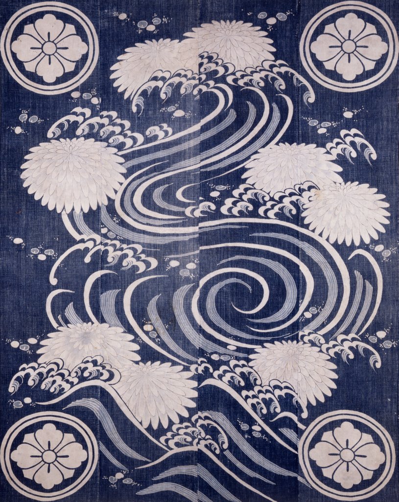 Detail of Futon cover with chrysanthemums and waves by Anonymous