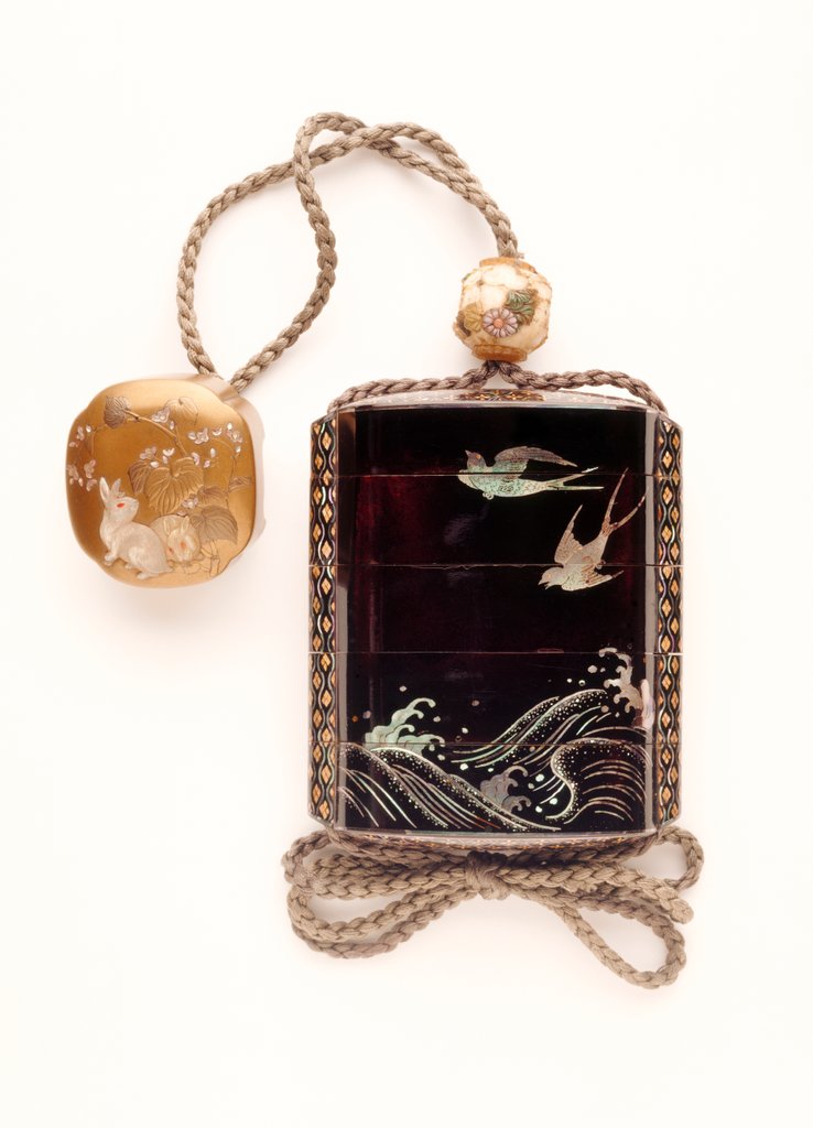 Detail of Inro depicting birds in flight over the sea by Shibayama