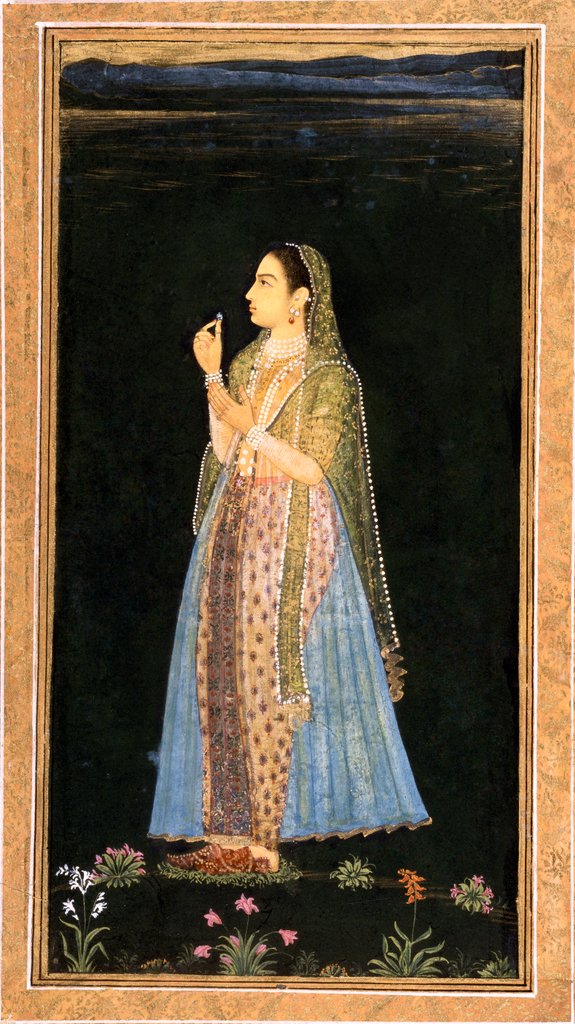 Detail of A lady holding a blossom by Unknown