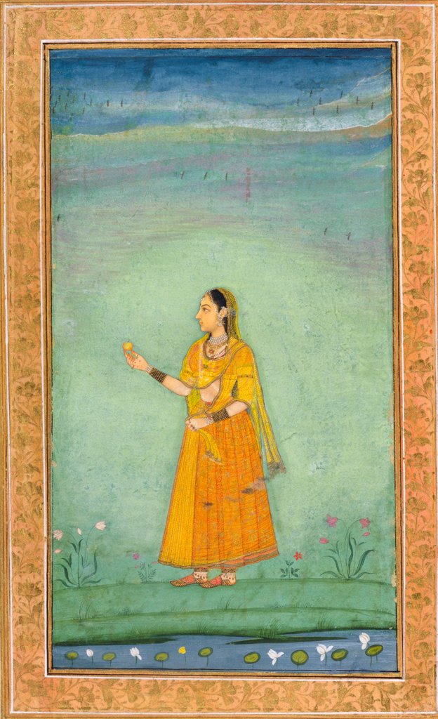 Detail of A lady holding a fruit standing by a lily pond by Unknown