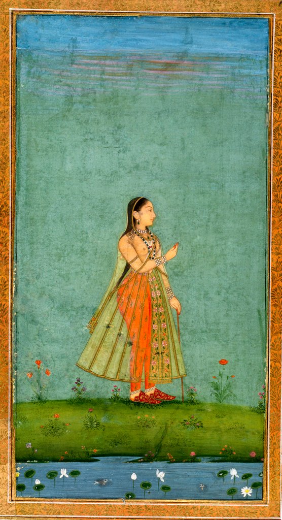 Detail of A lady standing against flowers by a lily pond by Unknown