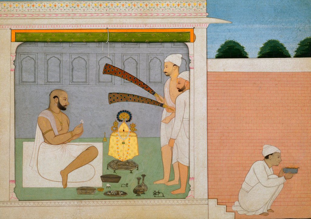 Detail of Raja Balwat Singh performing Puja by Nainsukh