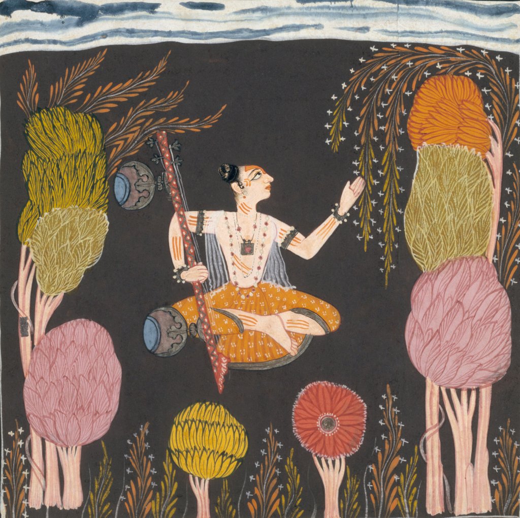 Detail of Goda Raga seated holding a vina in a grove by Unknown