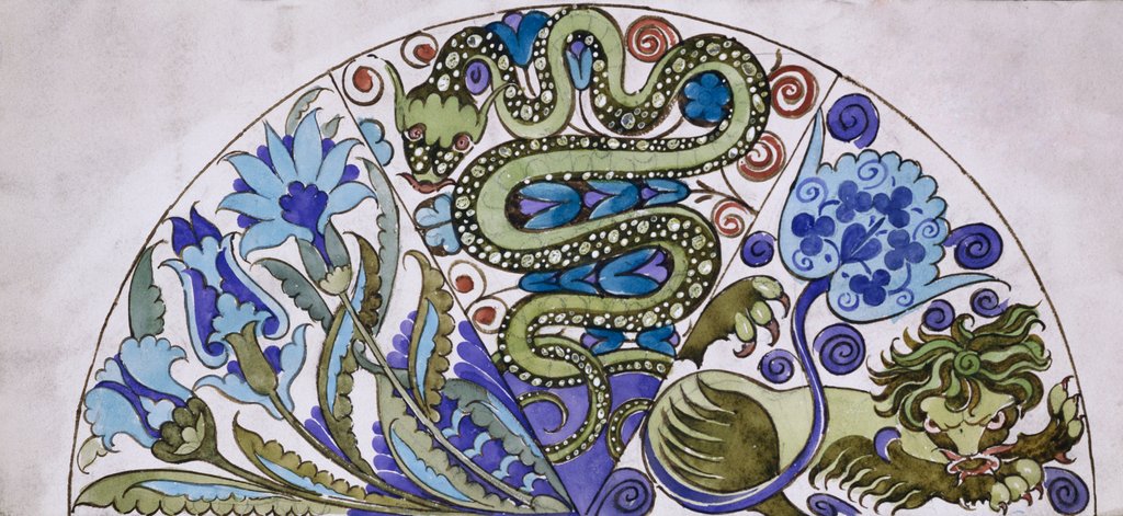 Detail of Dish design with Persian foliage, snake and lion by William De Morgan