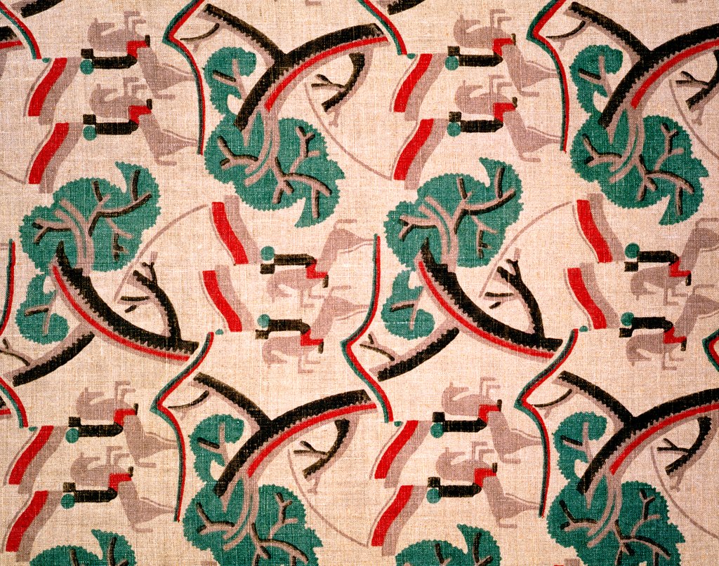 Detail of Horsemen and trees furnishing fabric by F. Gregory Brown