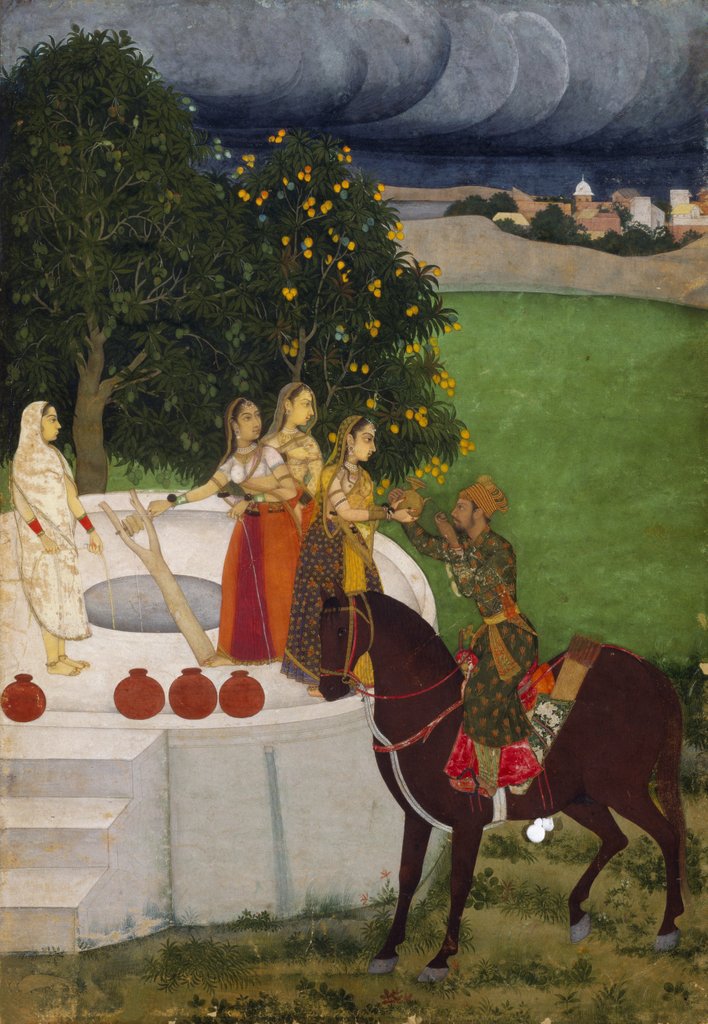 Detail of A Prince receiving water from women at a well by Unknown
