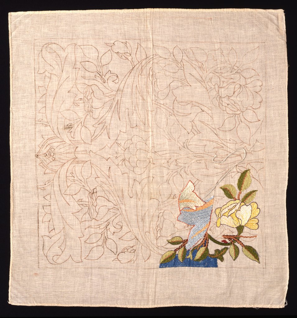 Detail of Unfinished embroidery kit with roses design by Mary Morris