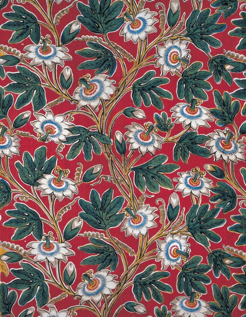 Detail of Textile sample with passion flowers by Richard Ovey