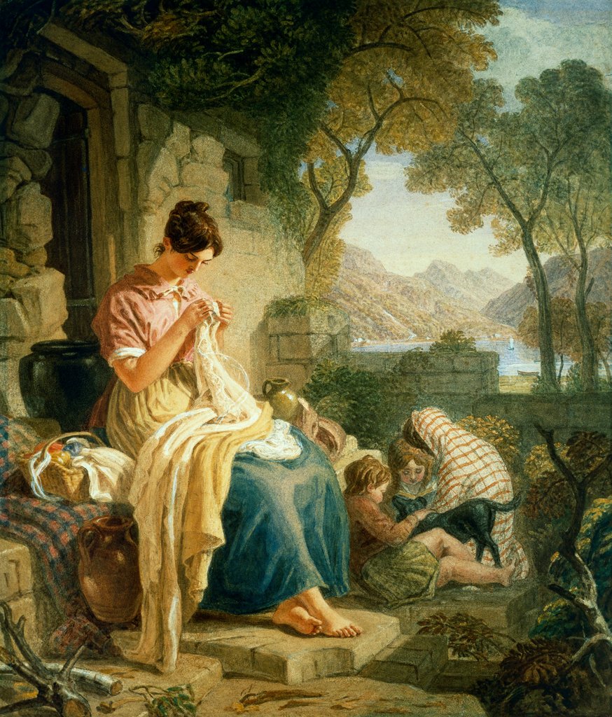 Detail of Scottish Peasant Girl Embroidering Muslin by Joshua Cristall