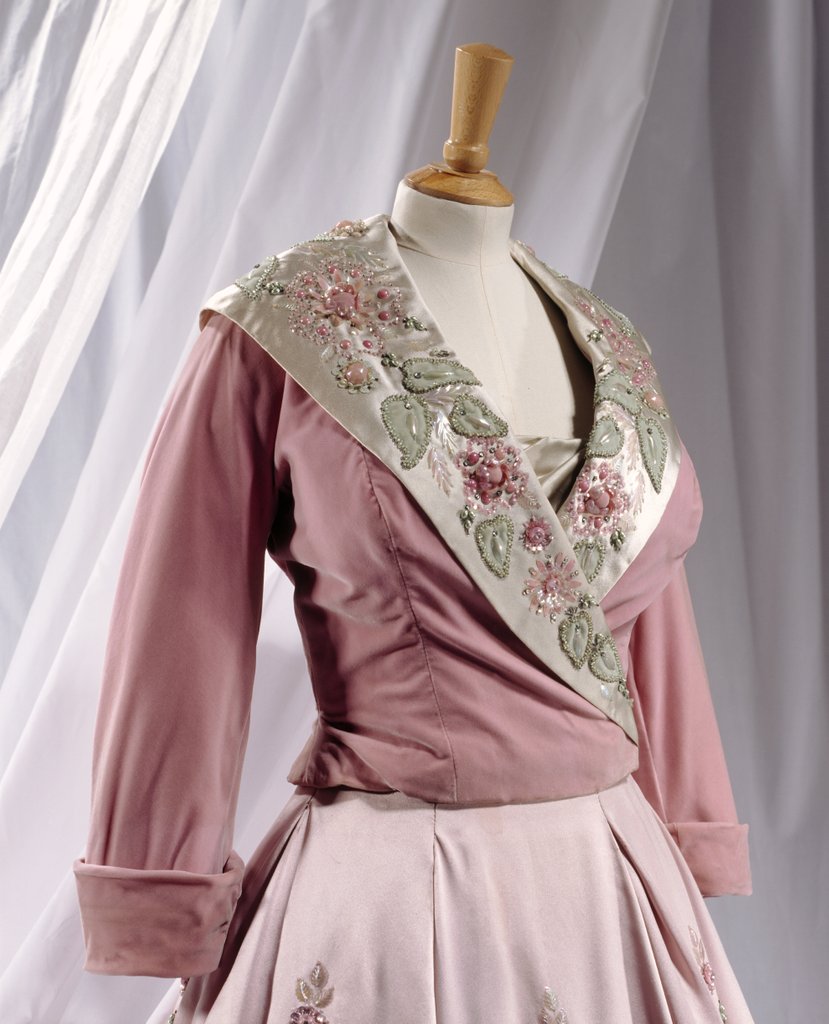 Detail of Embroidered dress and jacket by Norman Hartnell