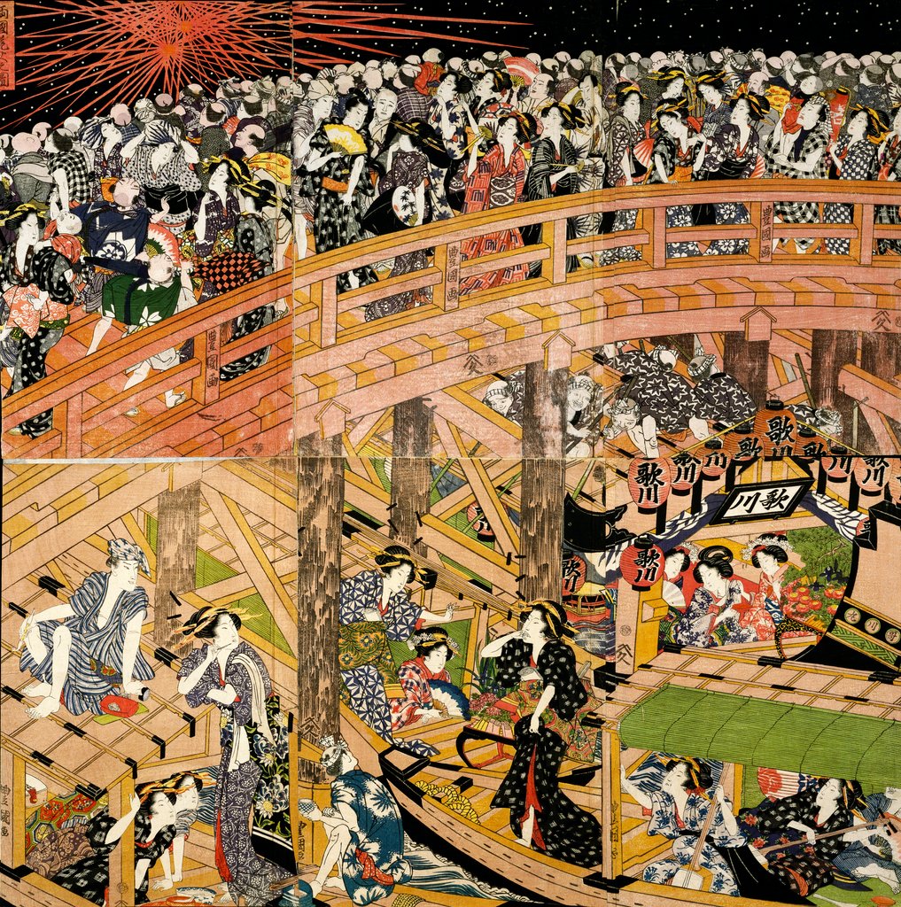 Detail of Fireworks over Ryoguku Bridge by Utagawa Toyokuni