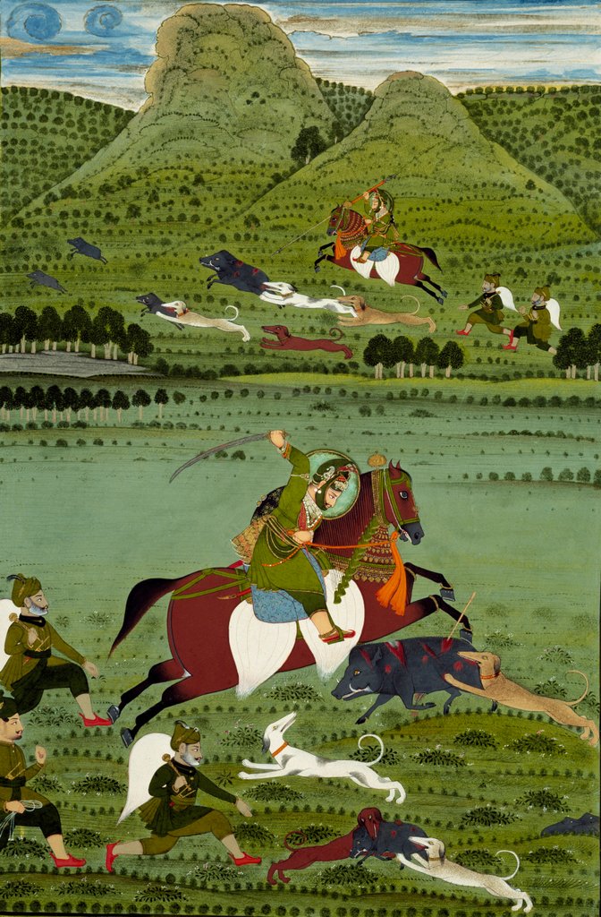 Detail of Raja Jawan Singh of Udaipur hunting wild boars. Udaipur, India, 1835 by Unknown