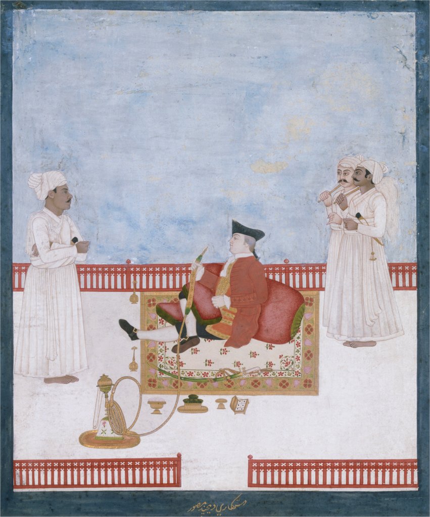 Detail of Officer of The East India Company, probably the surgeon William Fullerton, seated on a terrace by Dip Chand