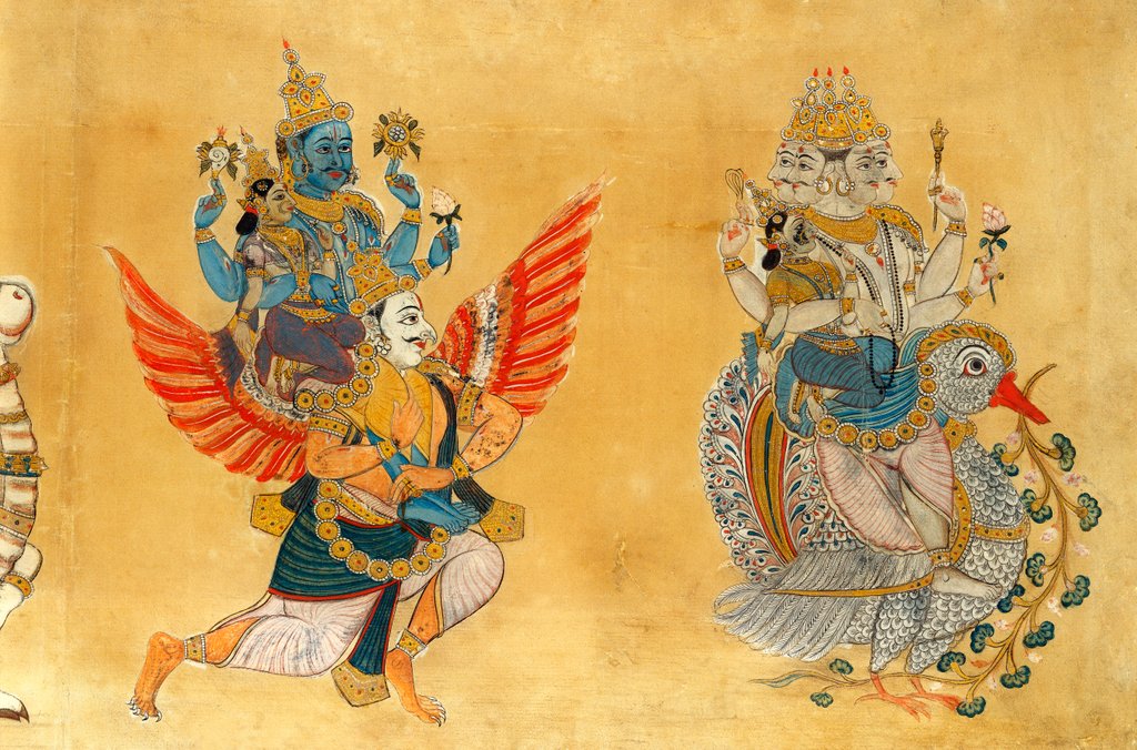 Detail of Brahma and Sarasvati on the cosmic goose and Vishnu and Lakshmi on Garvola by Unknown