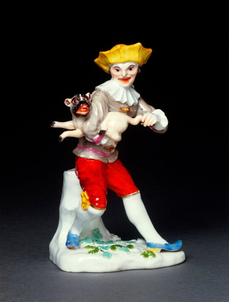 Detail of Harlequin with a hurdy-gurdy and a pug dog by Johann Joachim Kändler