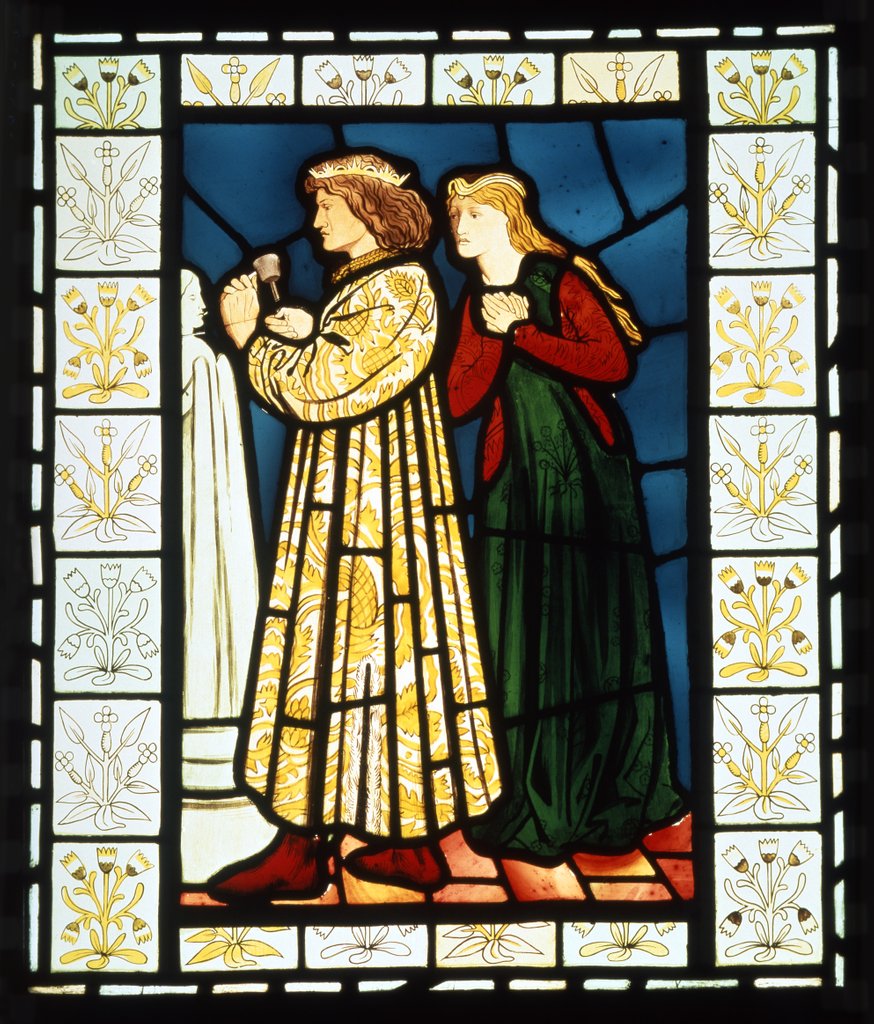 Detail of Stained glass panel depicting a scene from King Rene's honeymoon by Edward Coley Burne Jones