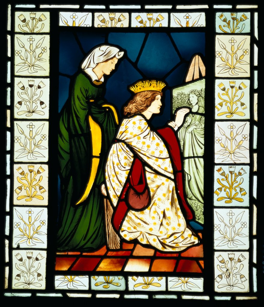 Detail of Stained glass panel depicting a scene from King Rene's honeymoon by Edward Coley Burne Jones