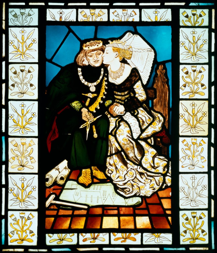 Detail of Stained glass panel depicting a scene from King Rene's honeymoon by Ford Madox Brown