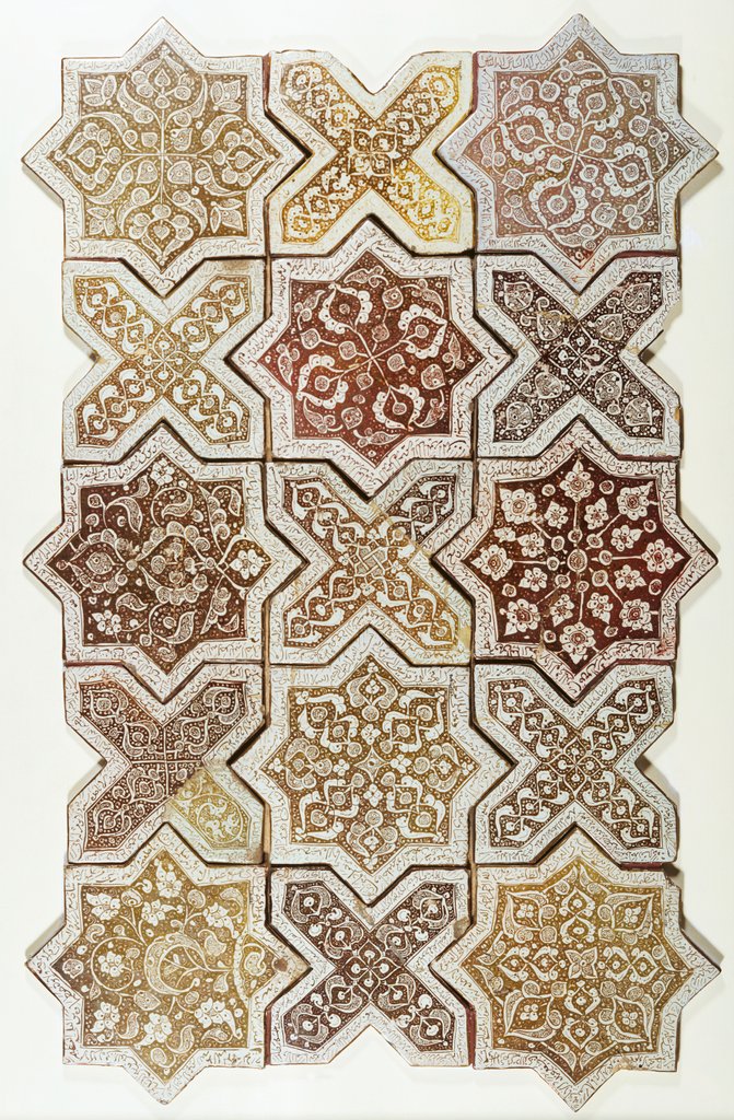 Detail of Panel of fifteen star and cross tiles, attributable to Ali ibn Muhammad ibn Abi Tahir. Kashan (probably), Iran, 1262 by Ali ibn Muhammad ibn Abi Tahir