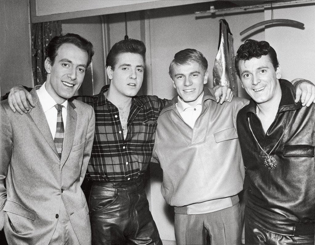Detail of Eddie Cochran (2nd left) with John Barry, Adam Faith and Gene Vincent by Harry Hammond