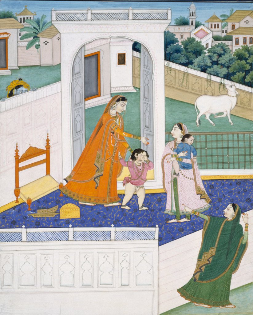 Detail of Krishna peering over a wall at Radha and children by Unknown