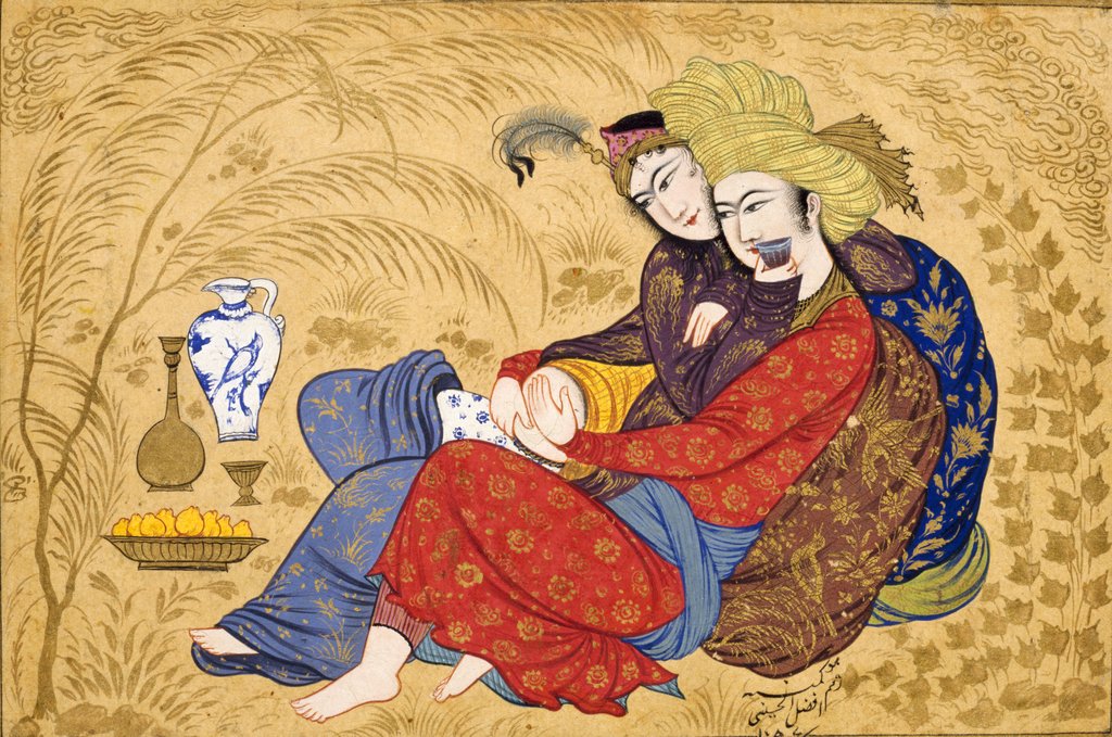Detail of Lovers embracing and drinking wine by Afzal al-husaini