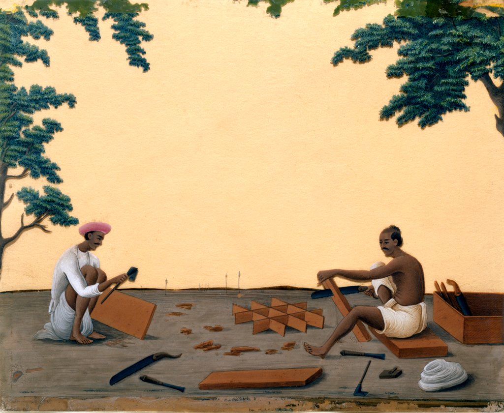Detail of Carpenters making crates for the opium balls by Shiva Lal